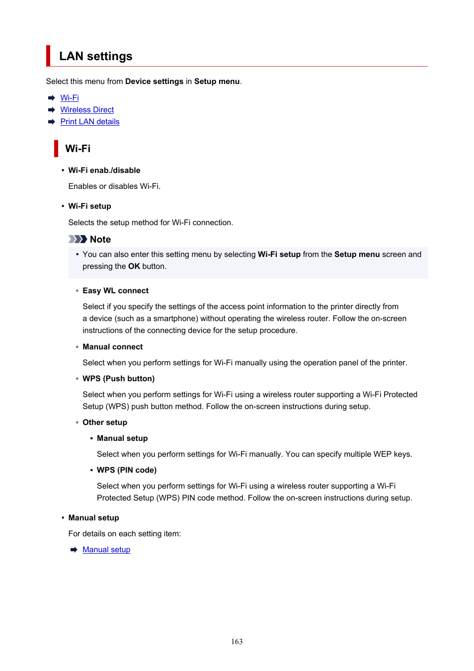 Lan settings, Wi-fi | Canon PIXMA G620 Printer User Manual | Page 163 / 337