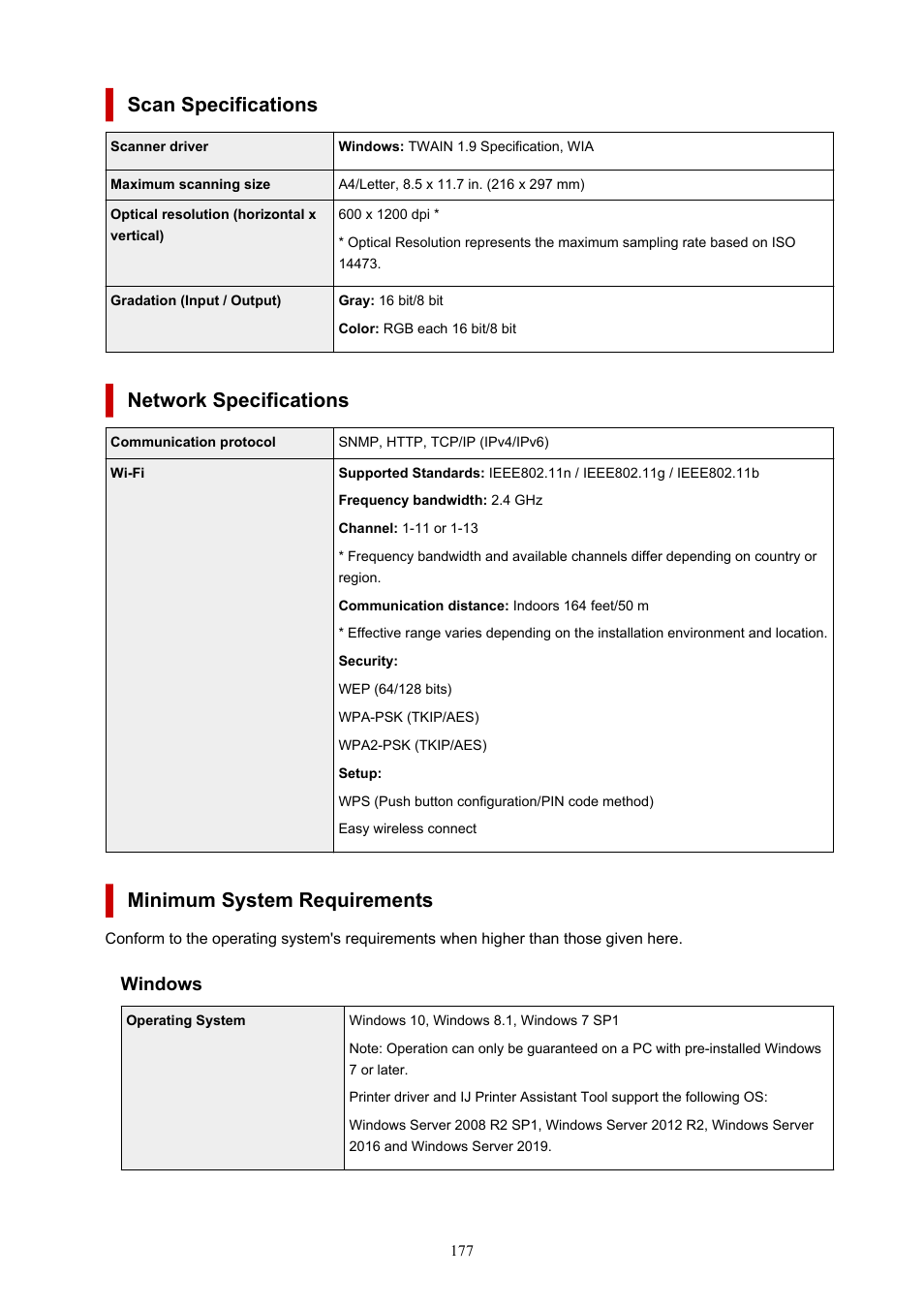 Scan specifications, Network specifications, Minimum system requirements | Windows | Canon PIXMA G620 Printer User Manual | Page 177 / 337