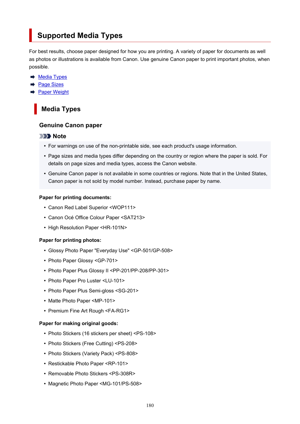 Supported media types, Genuine paper, see, Printer, see | Media types | Canon PIXMA G620 Printer User Manual | Page 180 / 337
