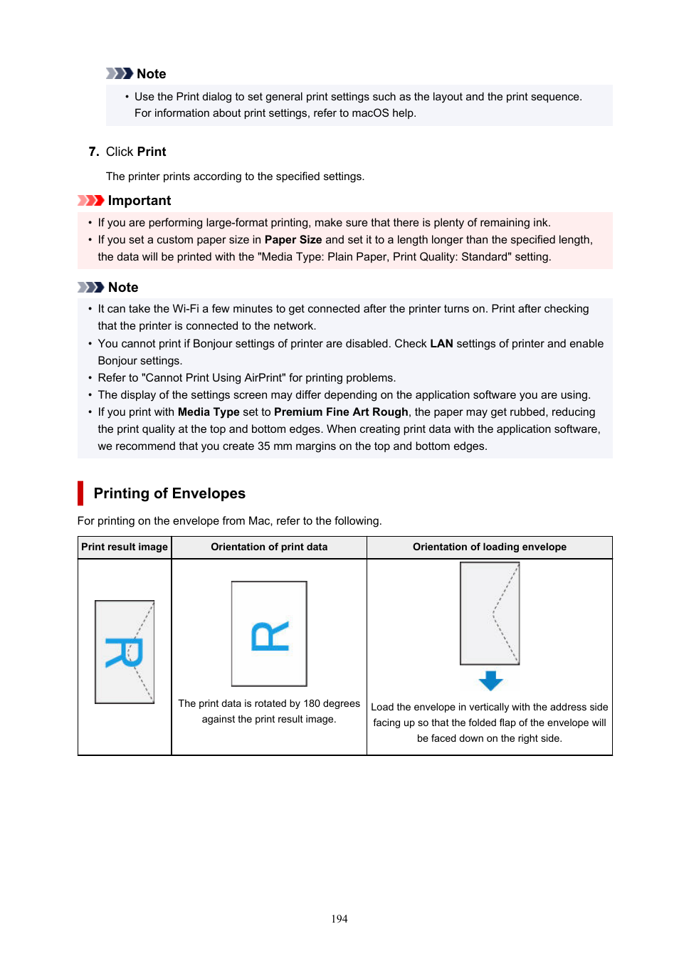 Printing of envelopes | Canon PIXMA G620 Printer User Manual | Page 194 / 337