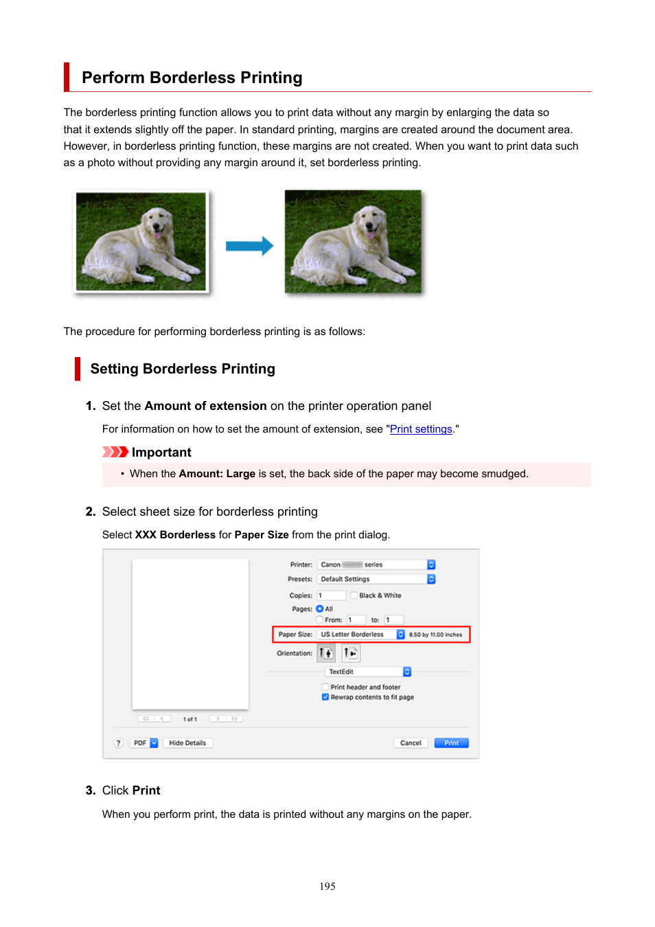 Perform borderless printing, Setting borderless printing | Canon PIXMA G620 Printer User Manual | Page 195 / 337