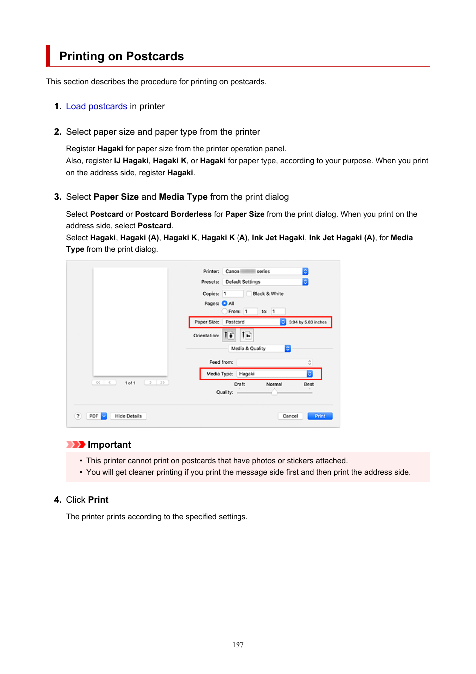 Printing on postcards | Canon PIXMA G620 Printer User Manual | Page 197 / 337