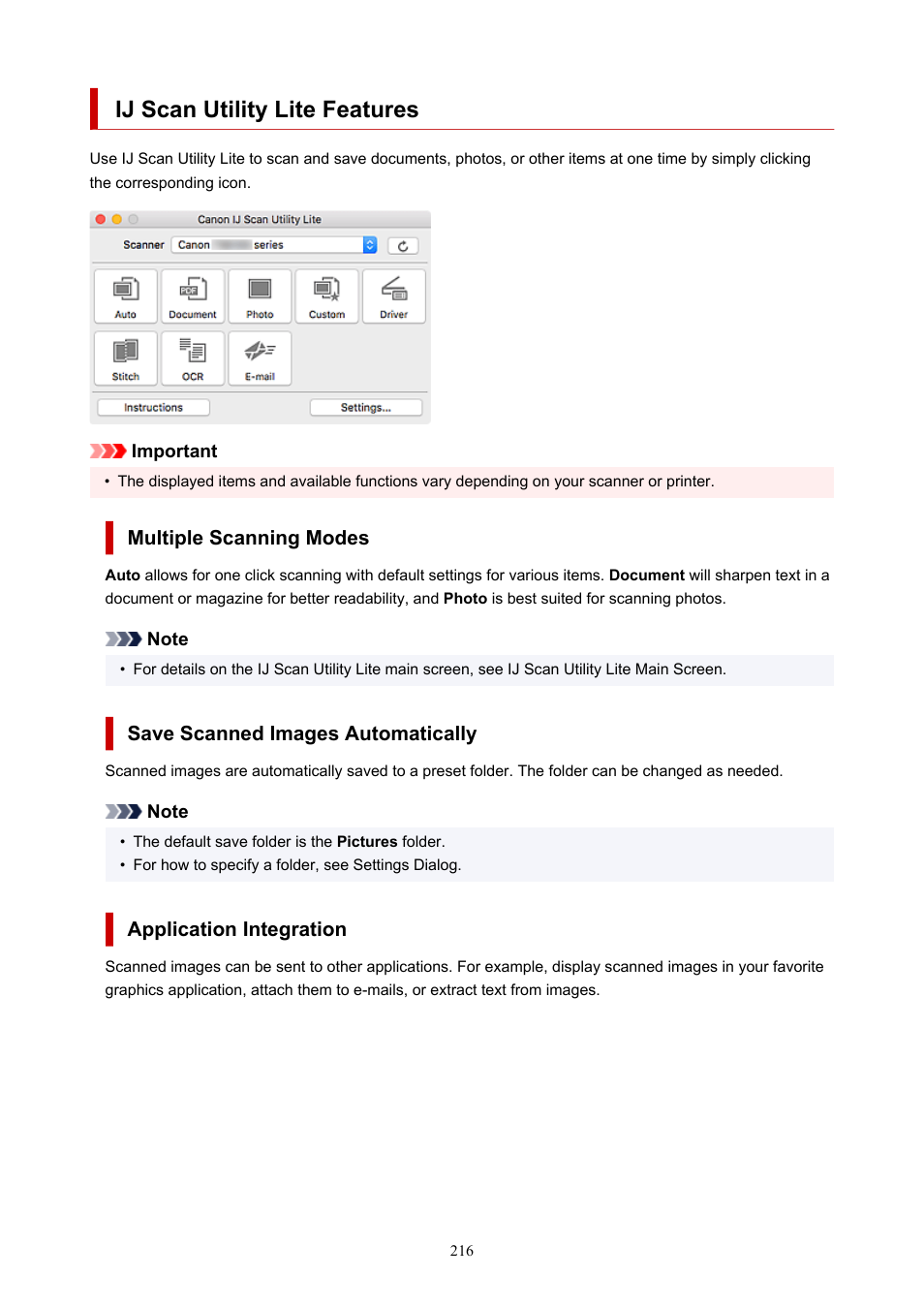 Ij scan utility lite features | Canon PIXMA G620 Printer User Manual | Page 216 / 337