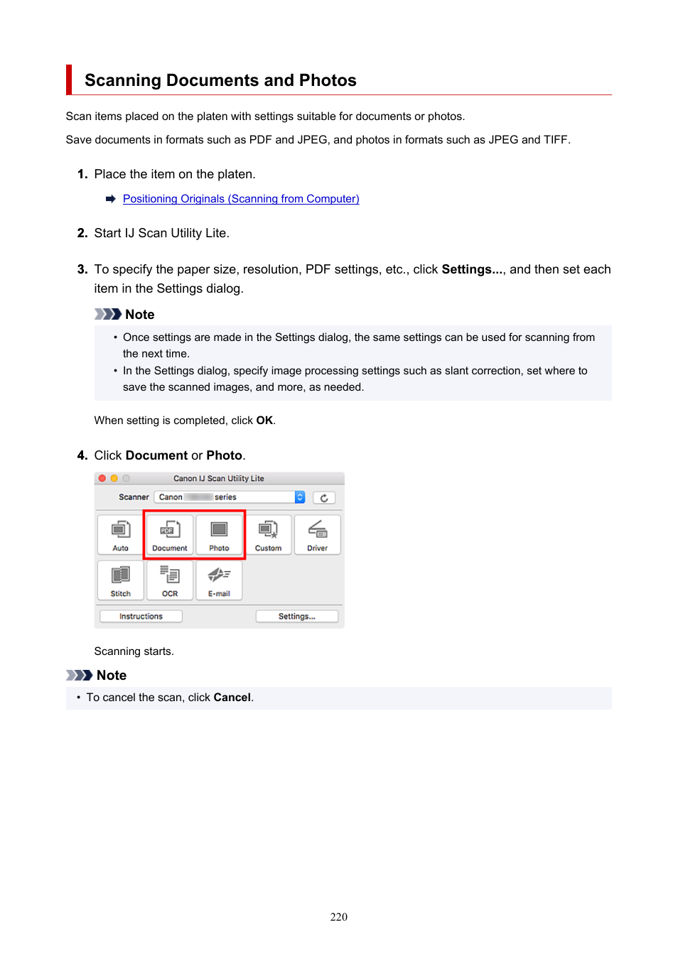 Scanning documents and photos | Canon PIXMA G620 Printer User Manual | Page 220 / 337
