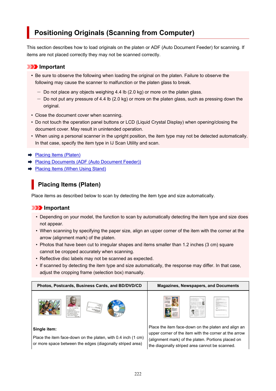 Positioning originals (scanning from computer), Placing items (platen) | Canon PIXMA G620 Printer User Manual | Page 222 / 337