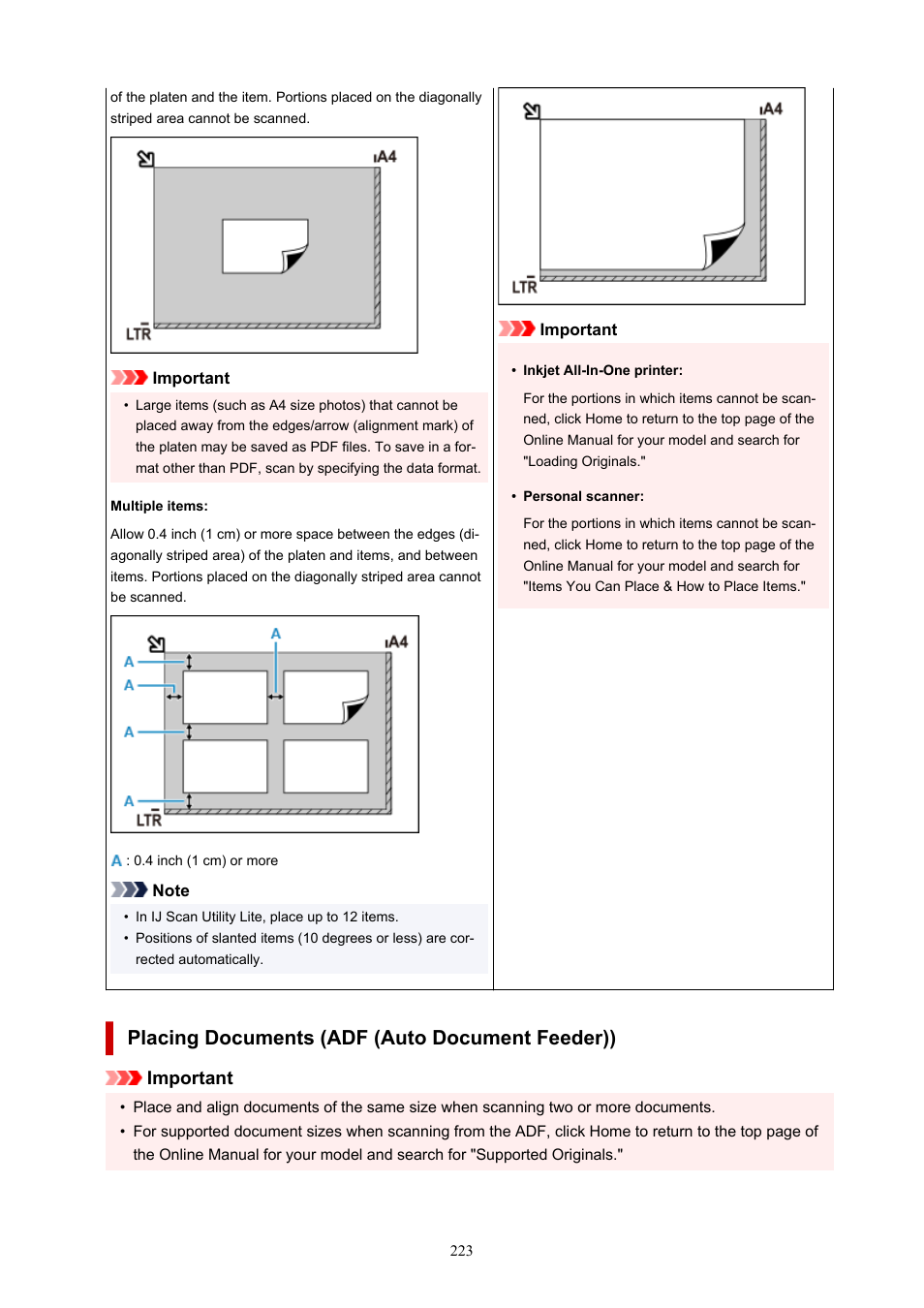 Placing documents (adf (auto document feeder)), Important | Canon PIXMA G620 Printer User Manual | Page 223 / 337