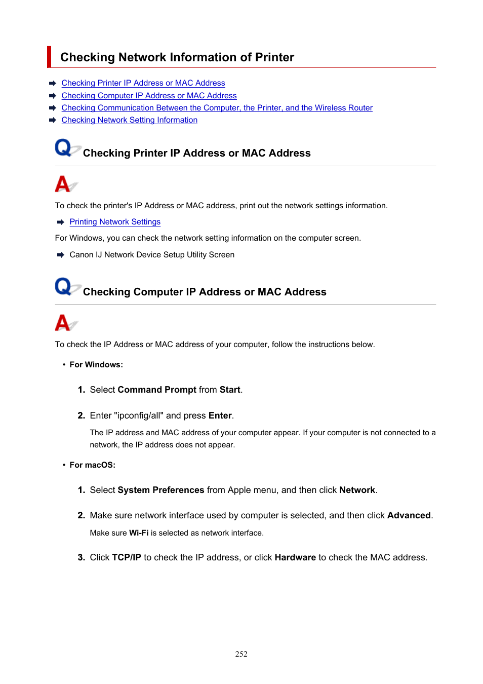 Checking network information of printer, Checking computer ip address or mac, Address | Canon PIXMA G620 Printer User Manual | Page 252 / 337