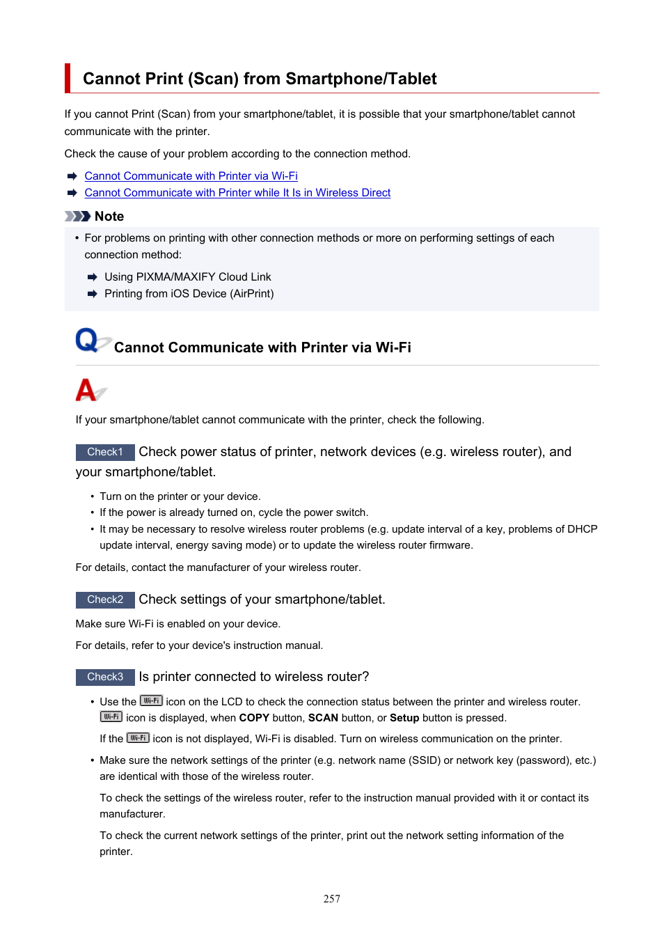 Cannot print (scan) from smartphone/tablet, Cannot communicate with printer via wi-fi | Canon PIXMA G620 Printer User Manual | Page 257 / 337