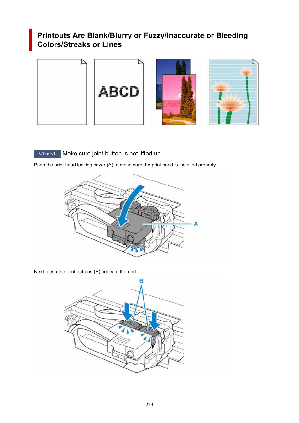 Colors/streaks or lines, Printouts are blank, Blurry or fuzzy | Inaccurate or bleeding colors, Streaks or lines | Canon PIXMA G620 Printer User Manual | Page 273 / 337
