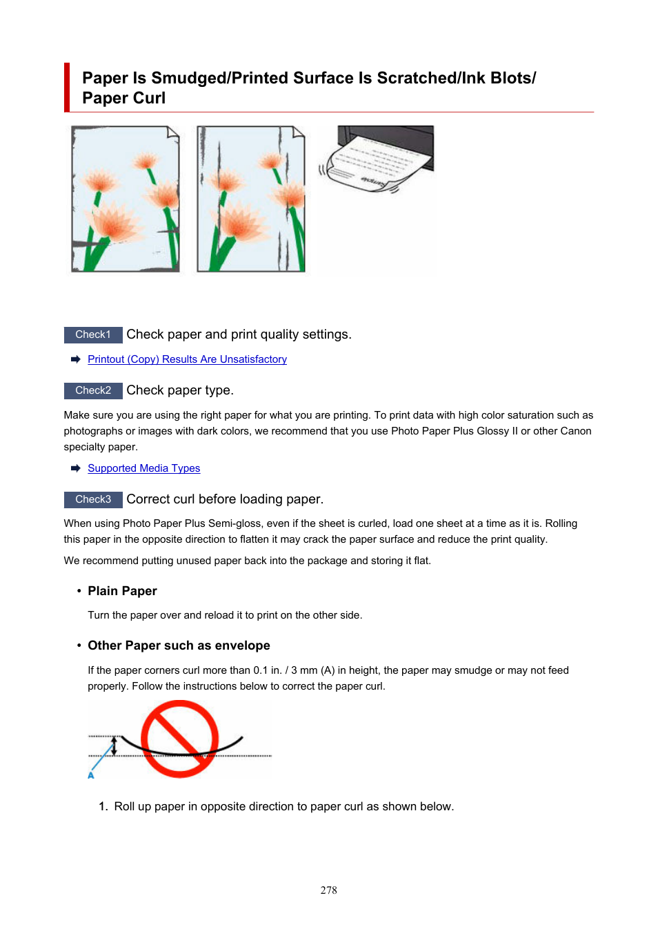 Paper is smudged/printed surface is, Scratched/ink blots/paper curl, Paper is smudged/ printed surface is scratched | Ink blots/paper curl | Canon PIXMA G620 Printer User Manual | Page 278 / 337
