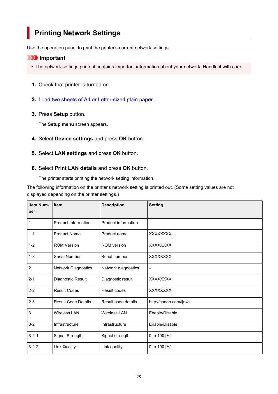 Printing network settings, Important | Canon PIXMA G620 Printer User Manual | Page 29 / 337