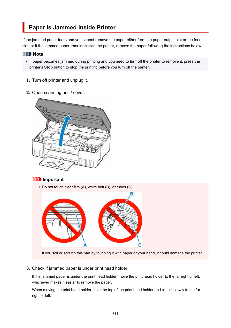 Paper is jammed inside printer | Canon PIXMA G620 Printer User Manual | Page 311 / 337