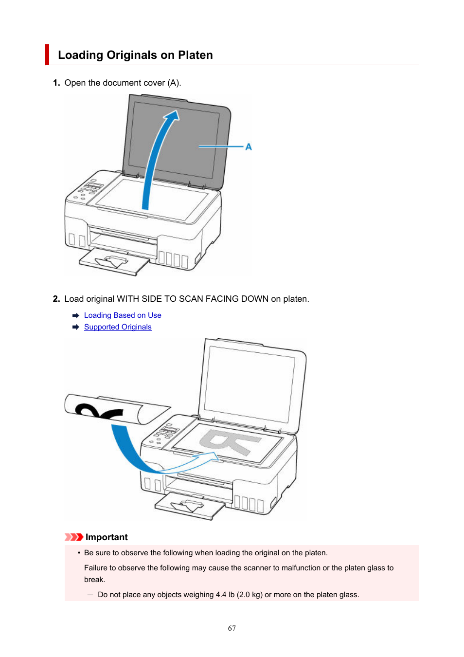 Loading originals on platen | Canon PIXMA G620 Printer User Manual | Page 67 / 337