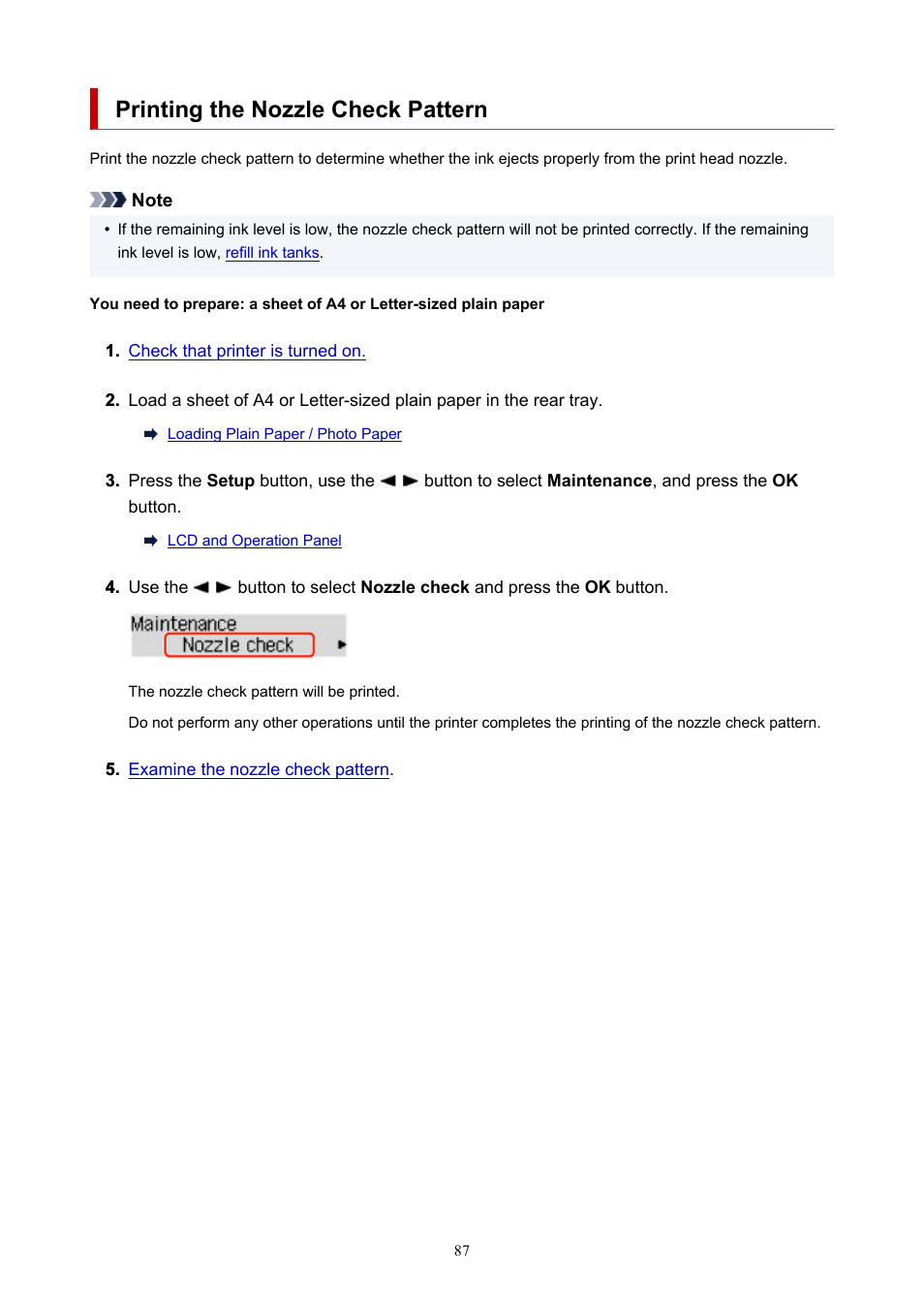 Printing the nozzle check pattern | Canon PIXMA G620 Printer User Manual | Page 87 / 337