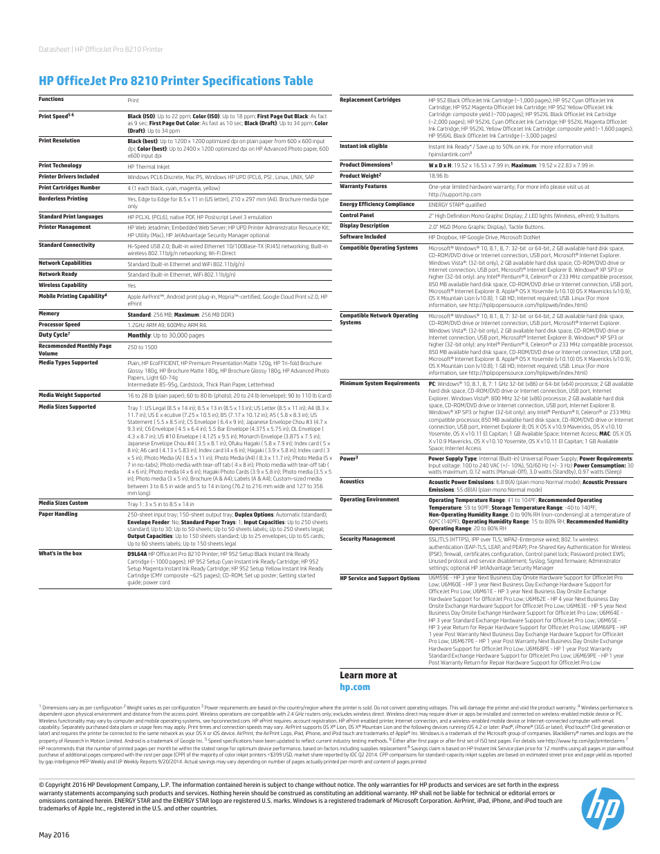 Hp officejet pro 8210 printer specifications table | HP OfficeJet Pro 8210 Inkjet Printer User Manual | Page 2 / 2