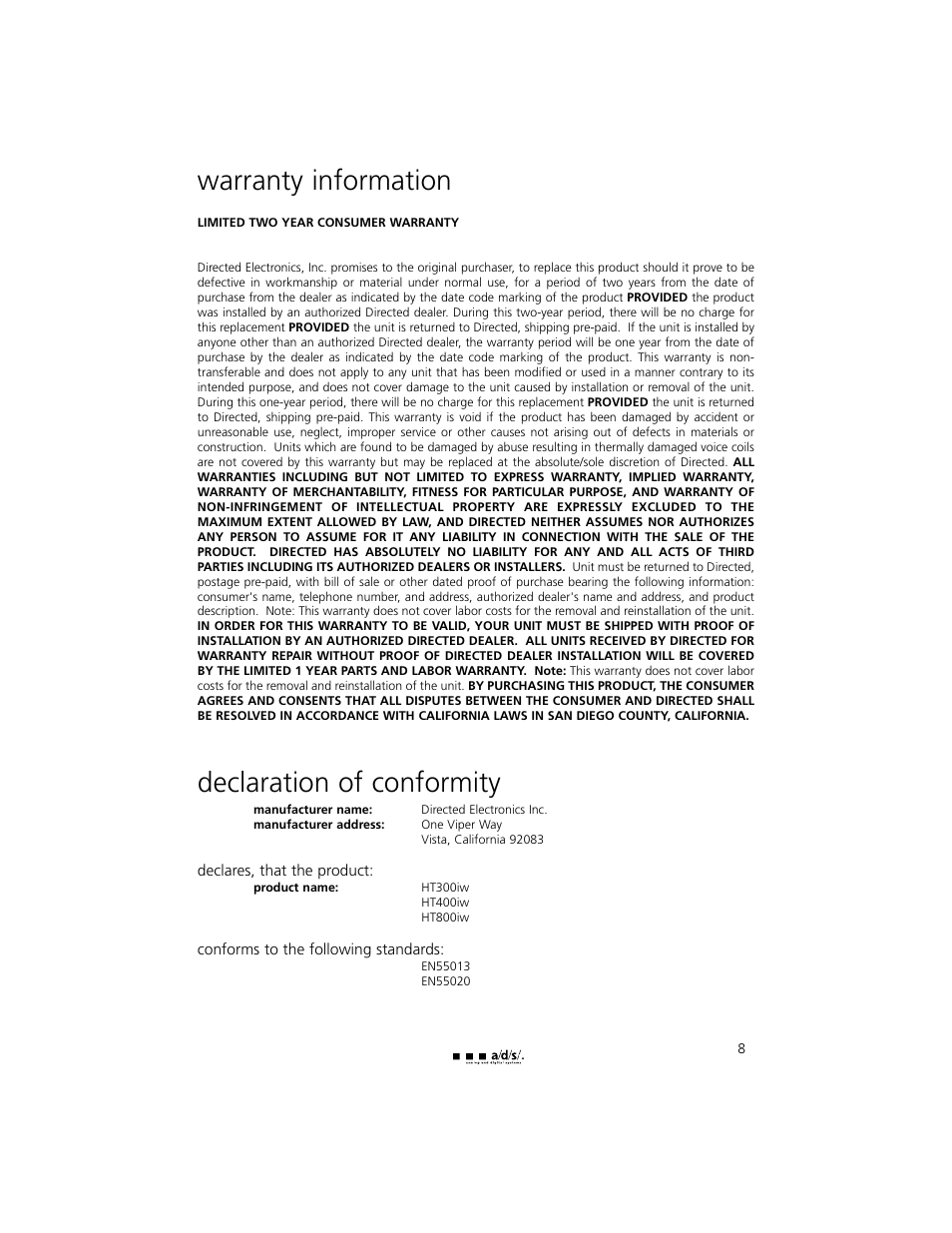 Warranty information, Declaration of conformity | Directed Electronics HT800IW User Manual | Page 9 / 10