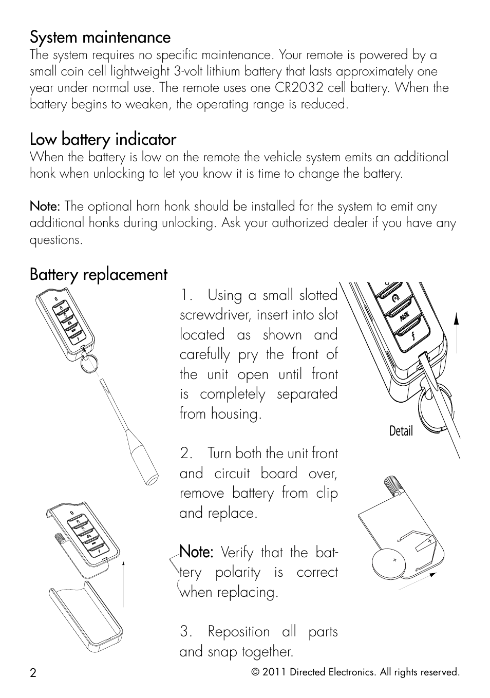 System maintenance, Low battery indicator, Battery replacement | Detail | Directed Electronics 1401 User Manual | Page 10 / 44
