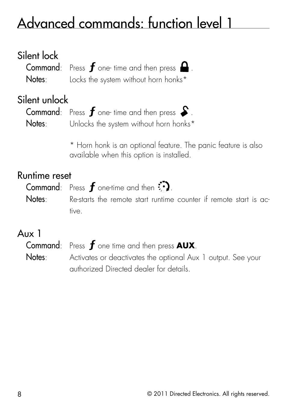 Advanced commands: function level 1, Silent lock, Silent unlock | Runtime reset, Aux 1, Command, Press, One- time and then press, Locks the system without horn honks, One-time and then | Directed Electronics 1401 User Manual | Page 16 / 44