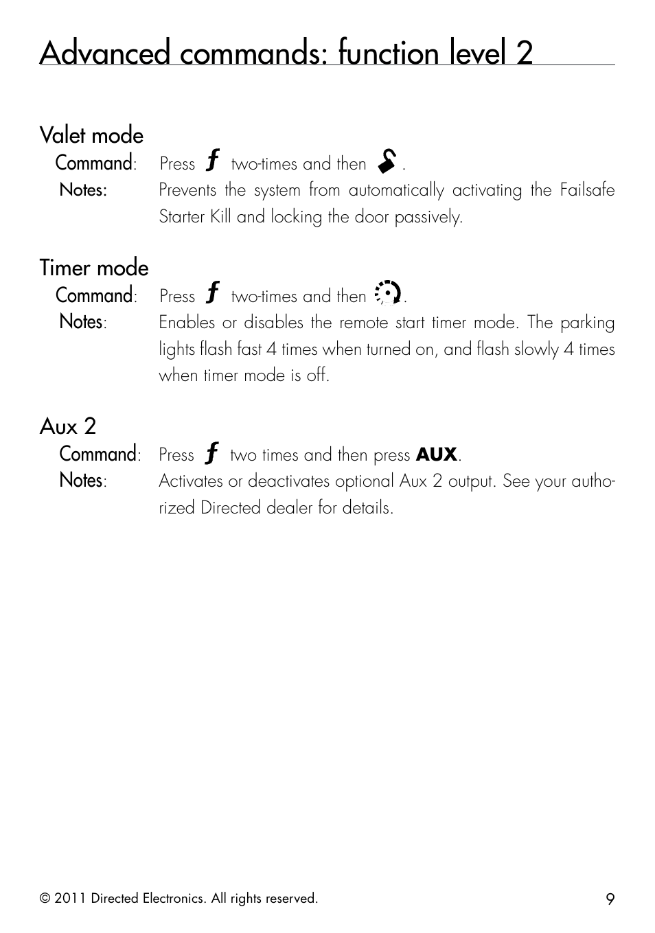 Advanced commands: function level 2, Valet mode, Timer mode | Aux 2, Command, Press, Two-times and then, Two times and then press aux | Directed Electronics 1401 User Manual | Page 17 / 44