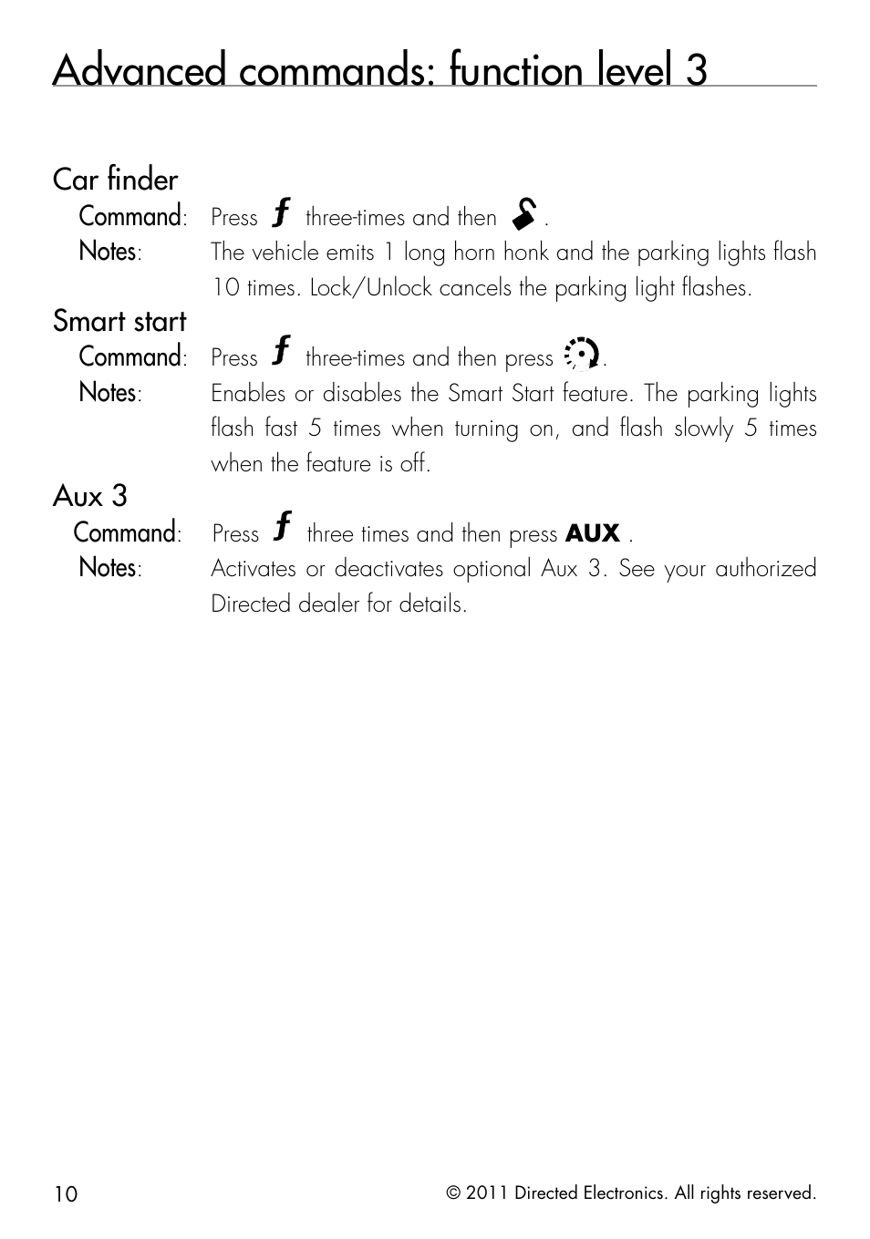 Advanced commands: function level 3, Car finder, Smart start | Aux 3, Command, Press, Three-times and then, Three-times and then press, Three times and then press aux | Directed Electronics 1401 User Manual | Page 18 / 44