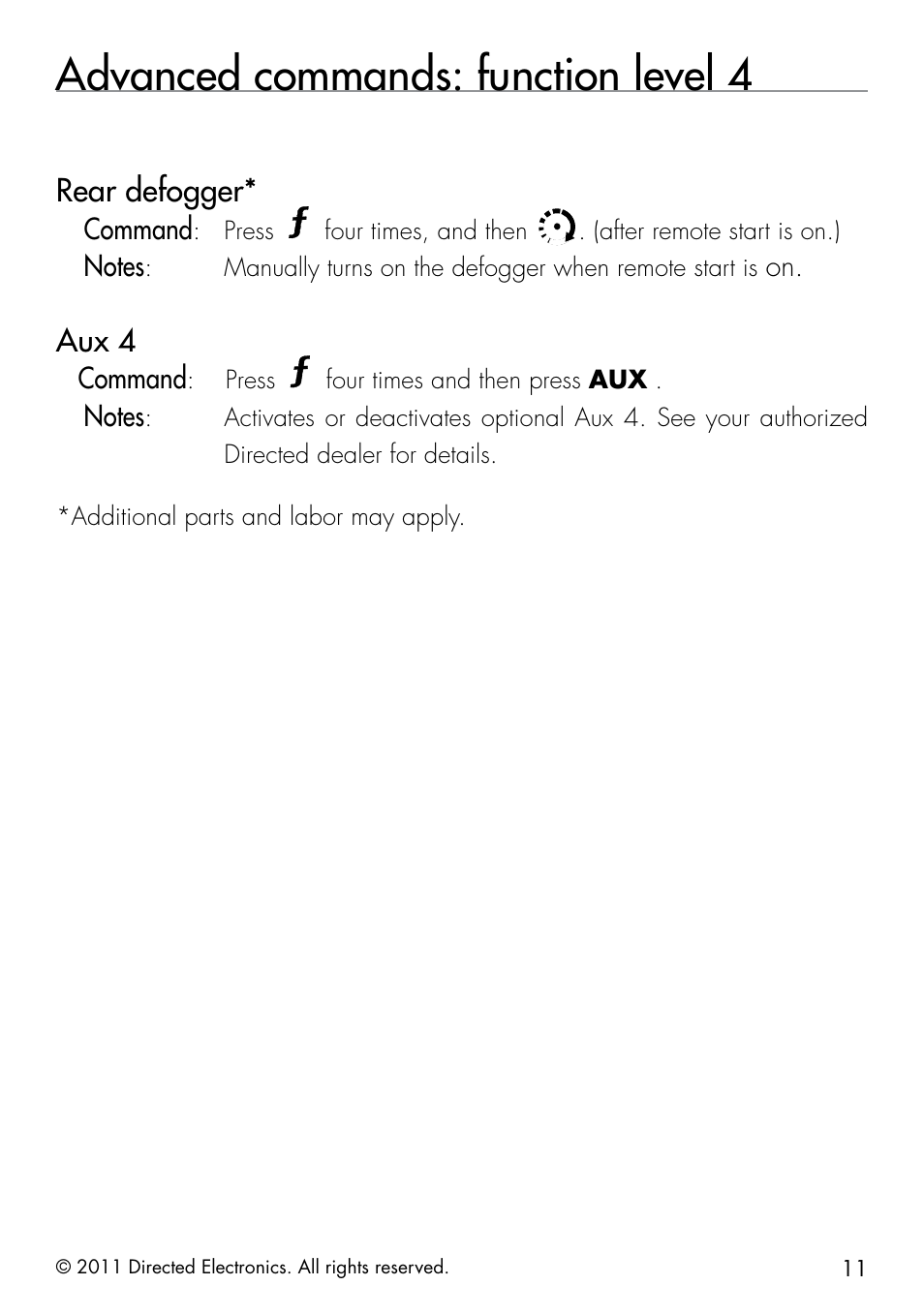 Advanced commands: function level 4, Rear defogger, Aux 4 | Command | Directed Electronics 1401 User Manual | Page 19 / 44