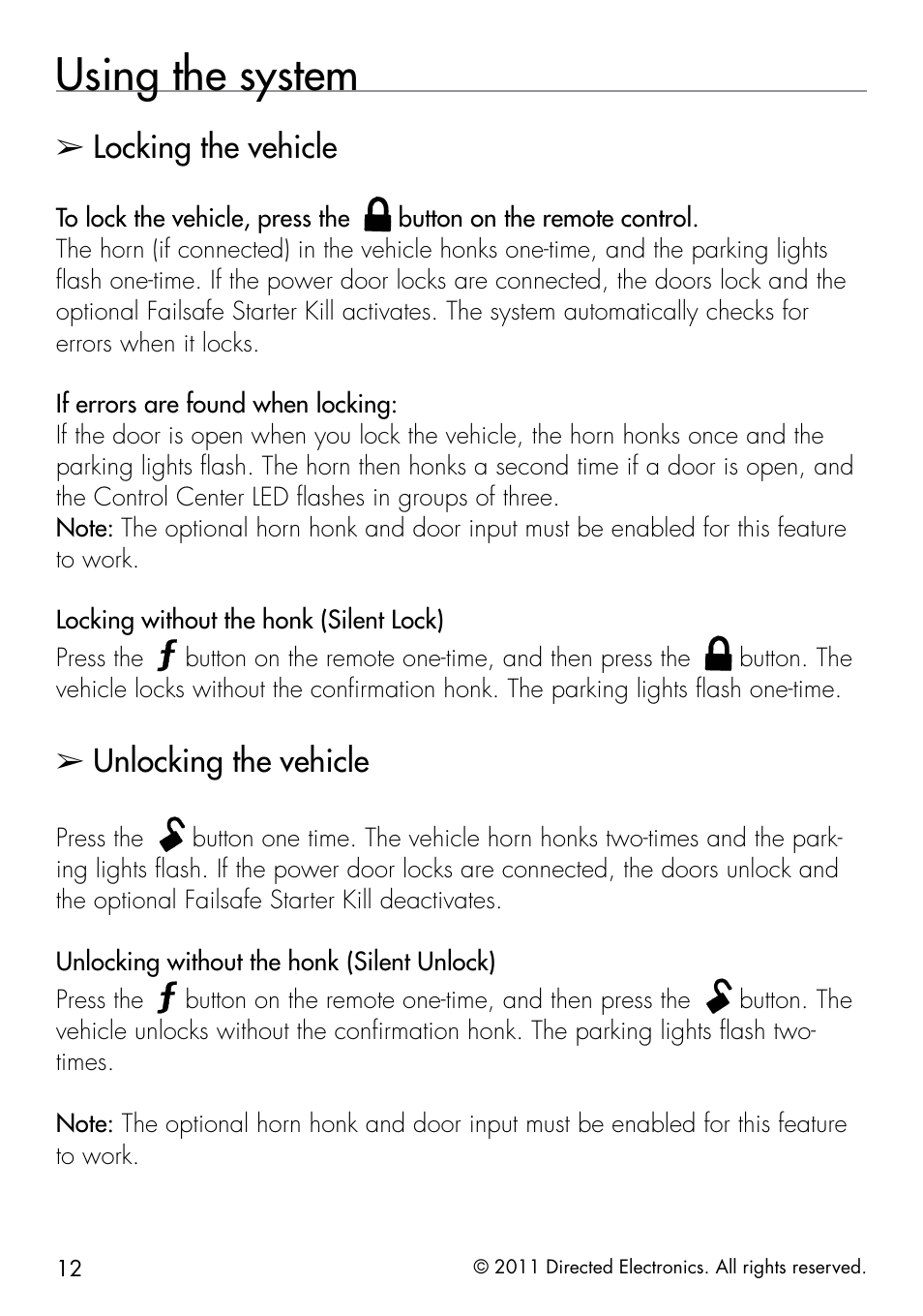 Using the system, Locking the vehicle, Unlocking the vehicle | Button on the remote one-time, and then press the, Press the | Directed Electronics 1401 User Manual | Page 20 / 44