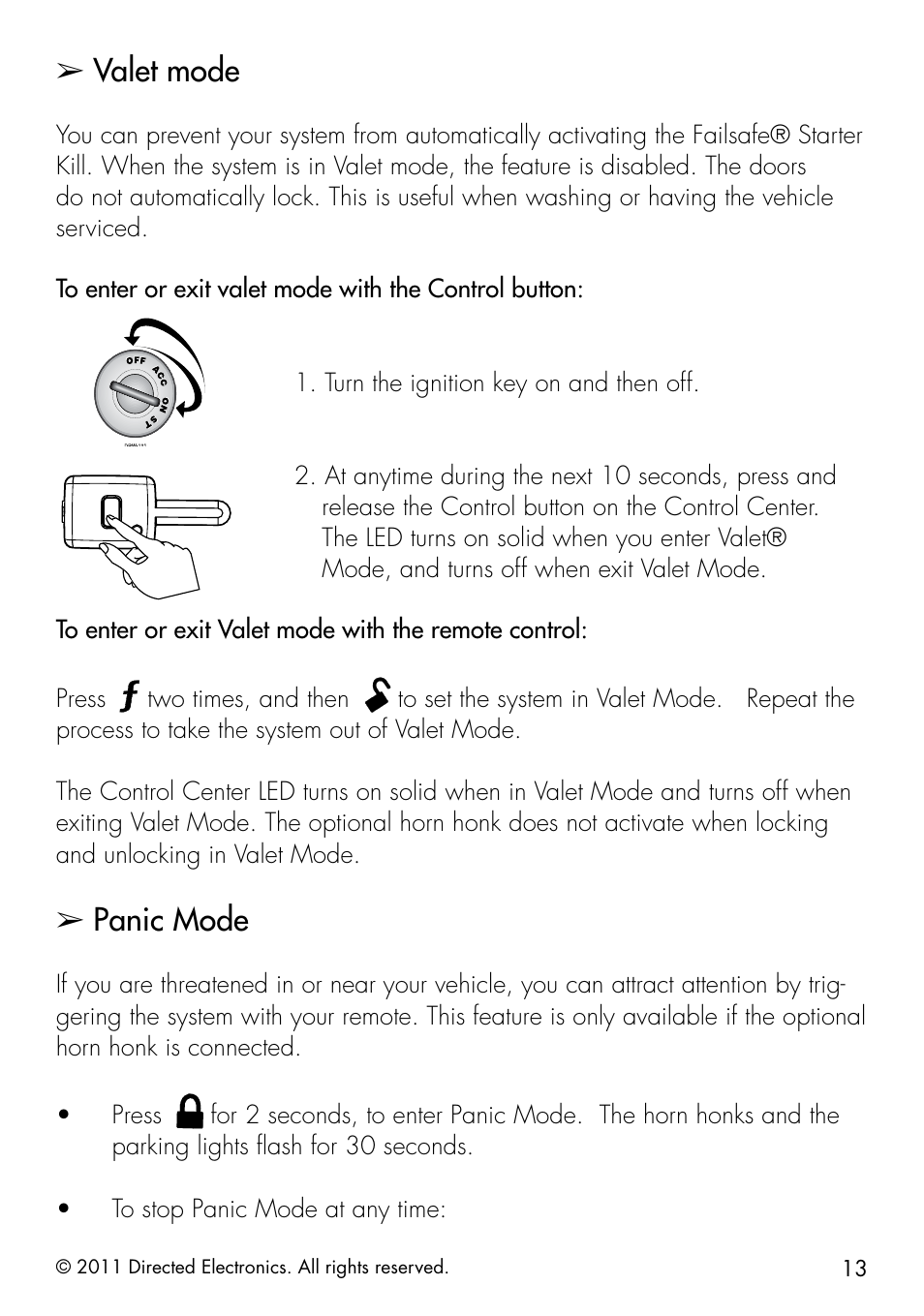 Valet mode, Panic mode | Directed Electronics 1401 User Manual | Page 21 / 44