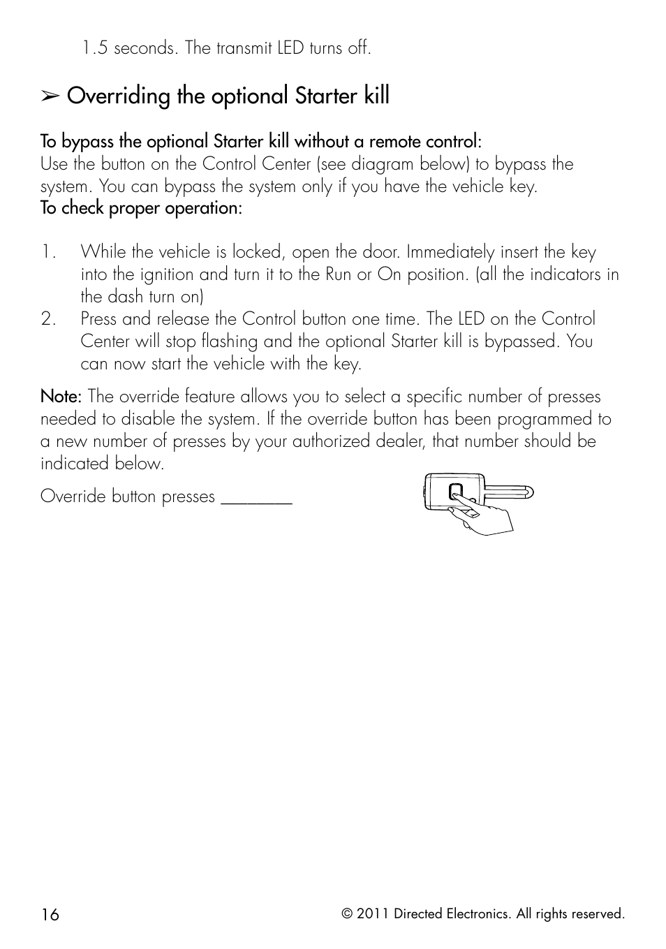Overriding the optional starter kill | Directed Electronics 1401 User Manual | Page 24 / 44