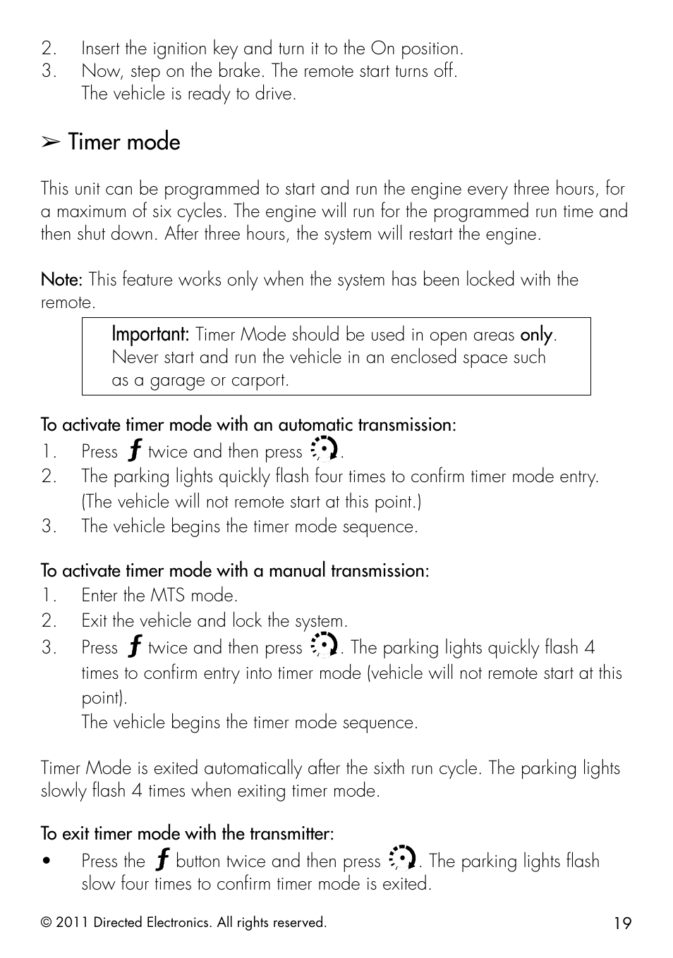 Timer mode, Important, Twice and then press | Button twice and then press | Directed Electronics 1401 User Manual | Page 27 / 44