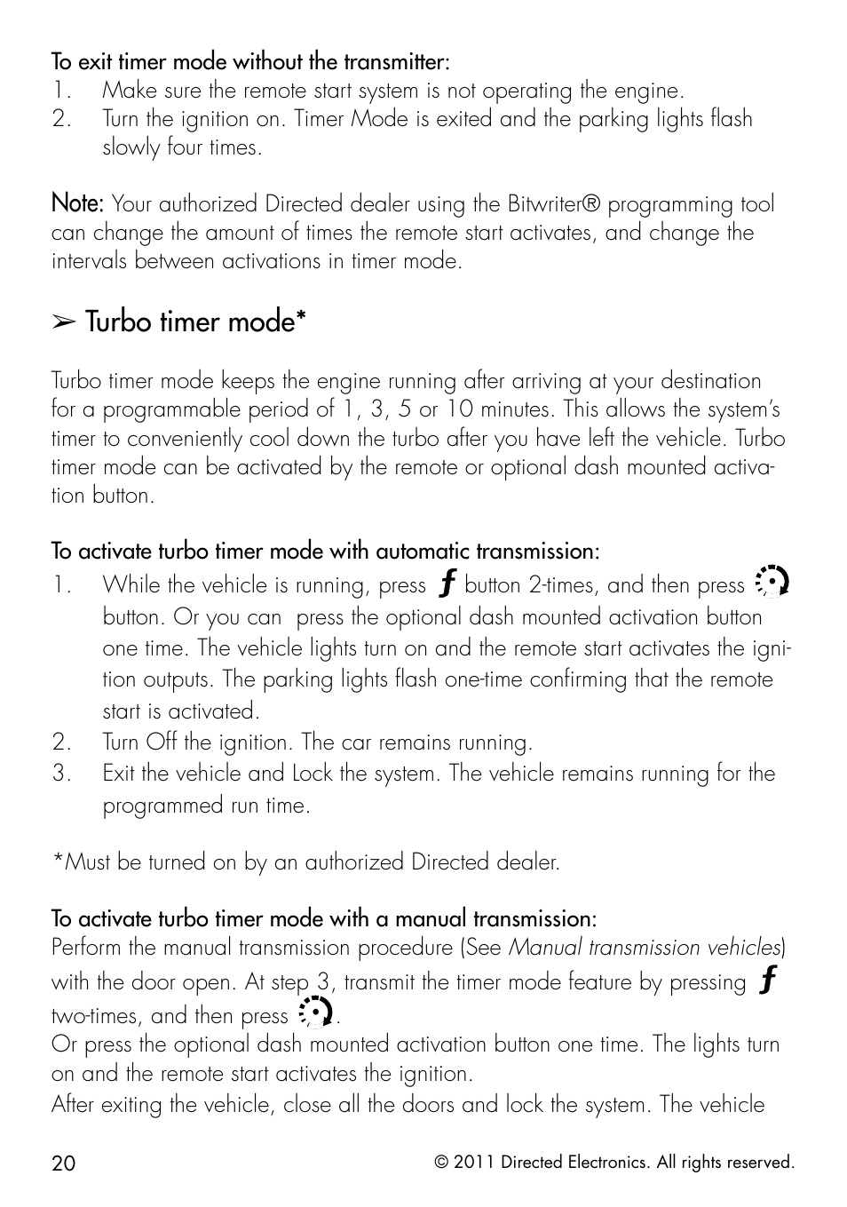 Turbo timer mode, Button 2-times, and then press, Two-times, and then press | Directed Electronics 1401 User Manual | Page 28 / 44