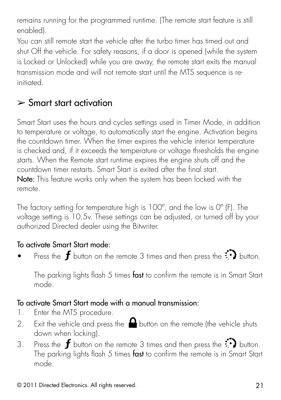 Smart start activation, Button on the remote 3 times and then press the | Directed Electronics 1401 User Manual | Page 29 / 44