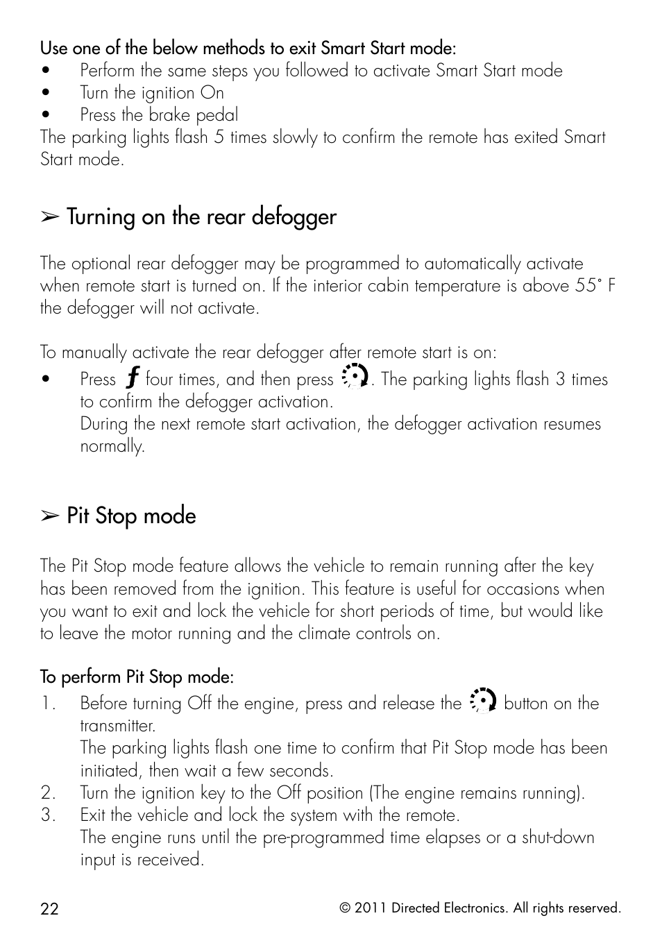 Turning on the rear defogger, Pit stop mode | Directed Electronics 1401 User Manual | Page 30 / 44