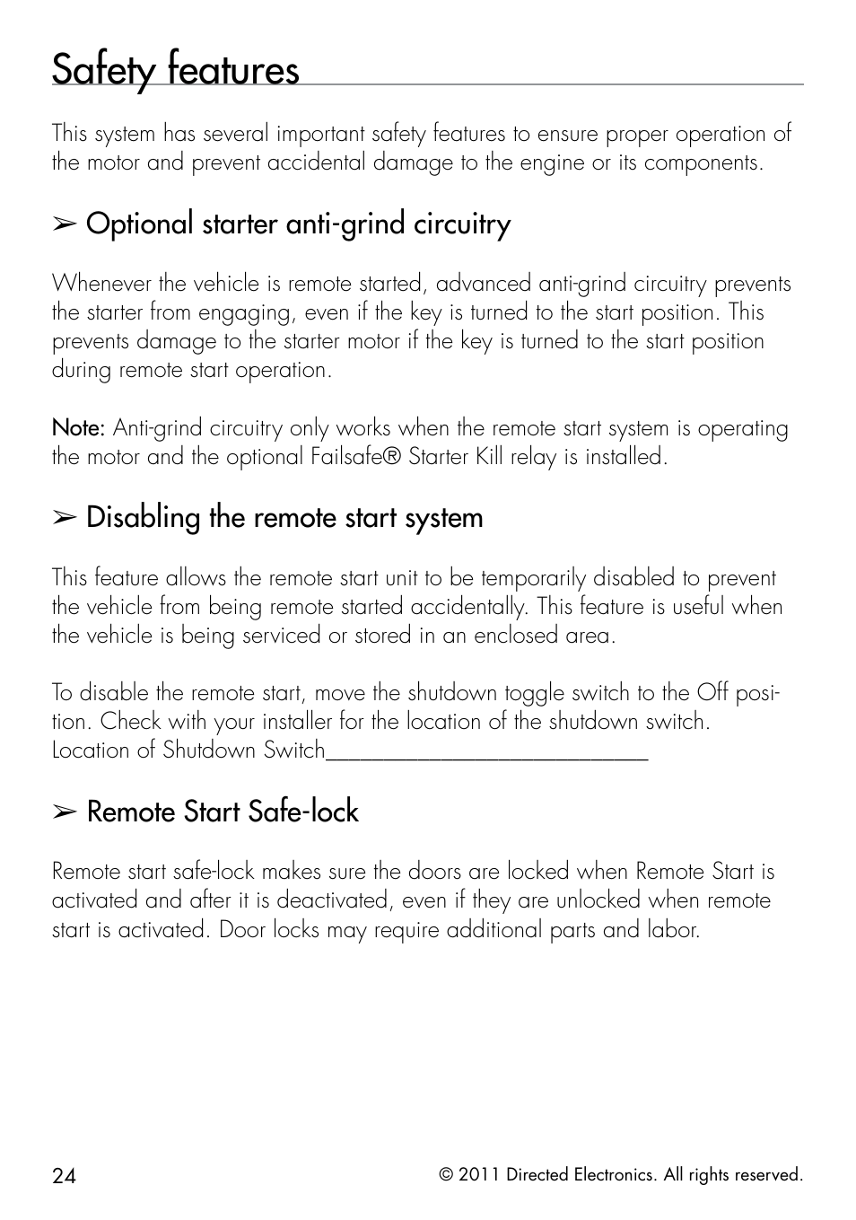 Safety features, Optional starter anti-grind circuitry, Disabling the remote start system | Remote start safe-lock | Directed Electronics 1401 User Manual | Page 32 / 44