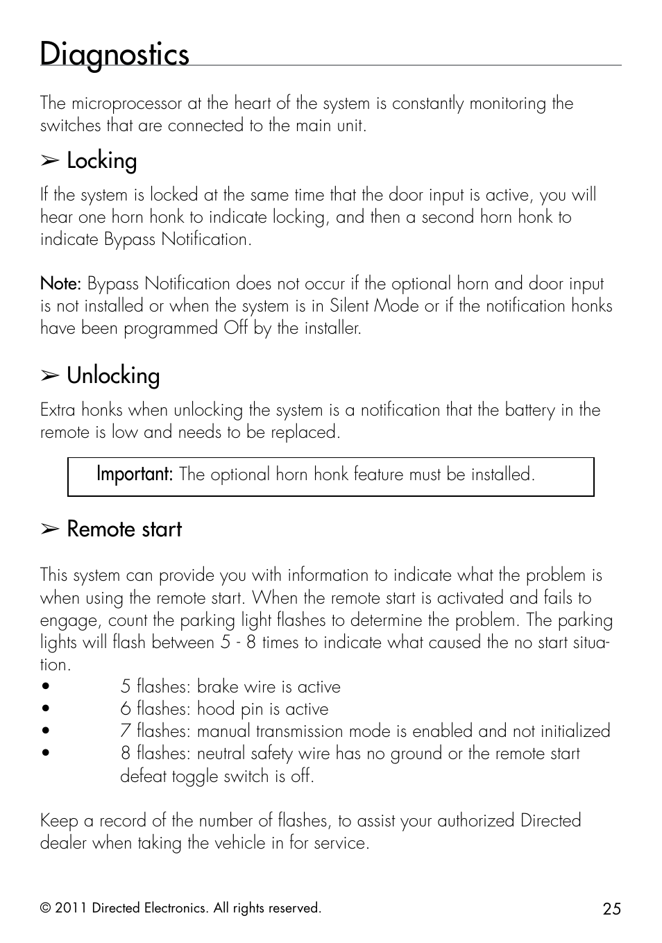 Diagnostics, Locking, Unlocking | Remote start | Directed Electronics 1401 User Manual | Page 33 / 44