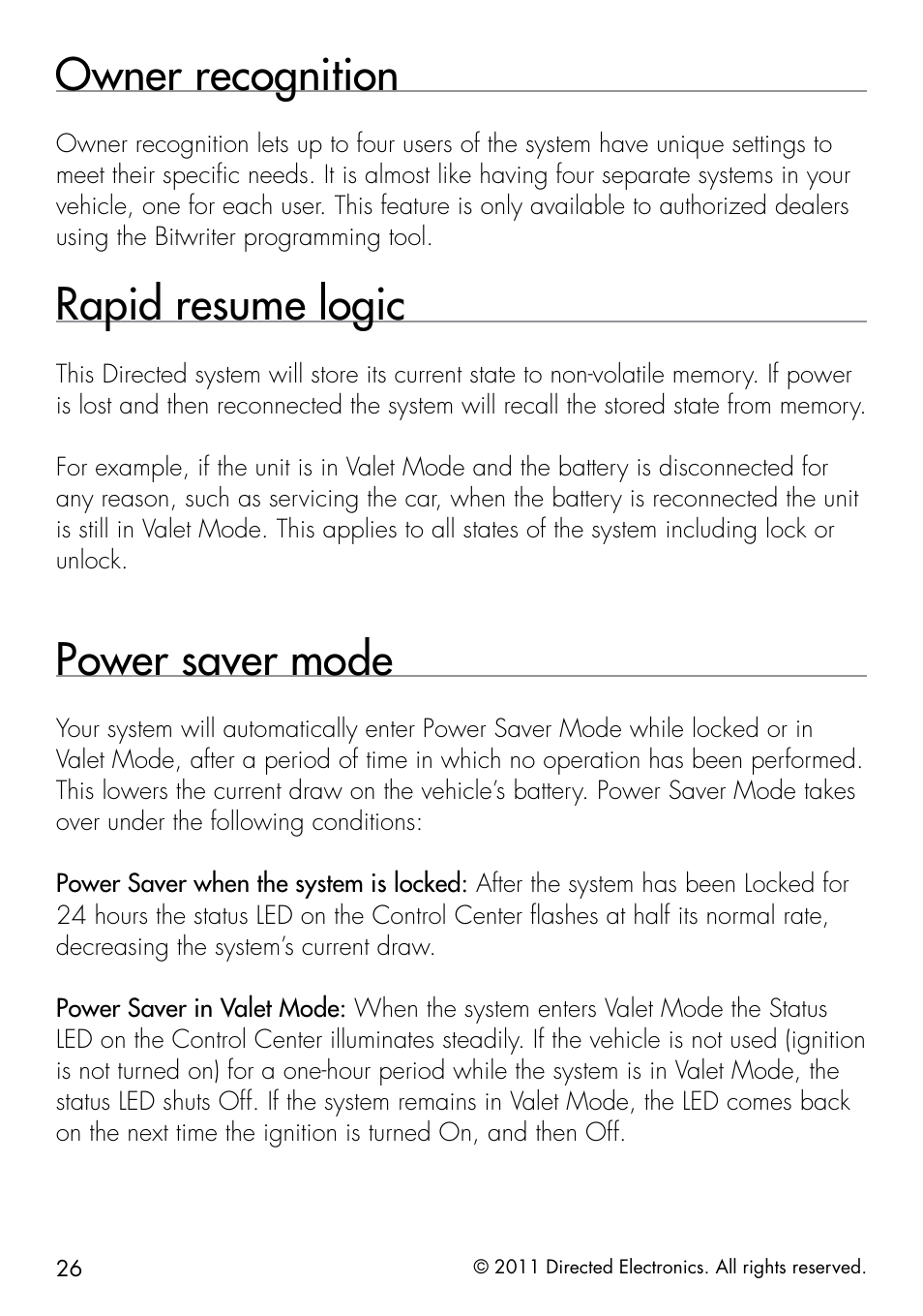Owner recognition, Rapid resume logic, Power saver mode | Directed Electronics 1401 User Manual | Page 34 / 44