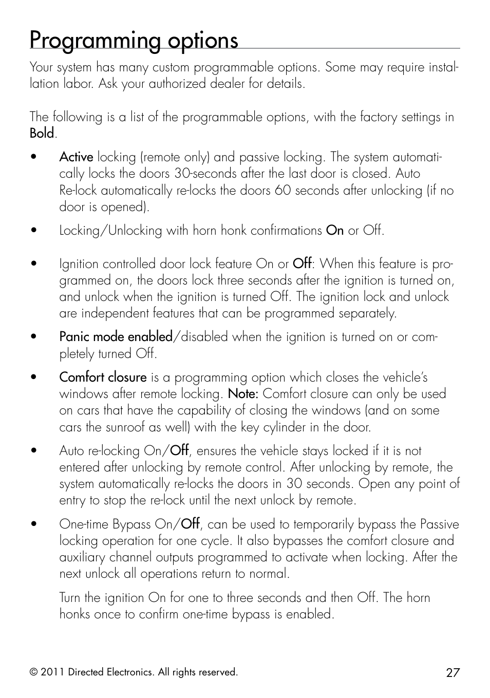 Programming options | Directed Electronics 1401 User Manual | Page 35 / 44