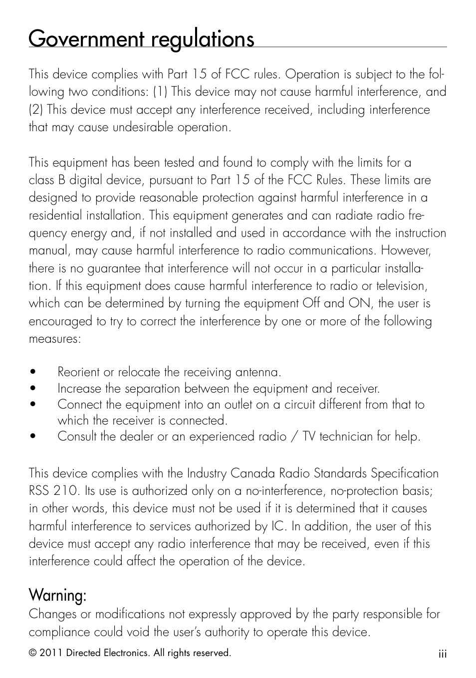 Government regulations, Warning | Directed Electronics 1401 User Manual | Page 5 / 44