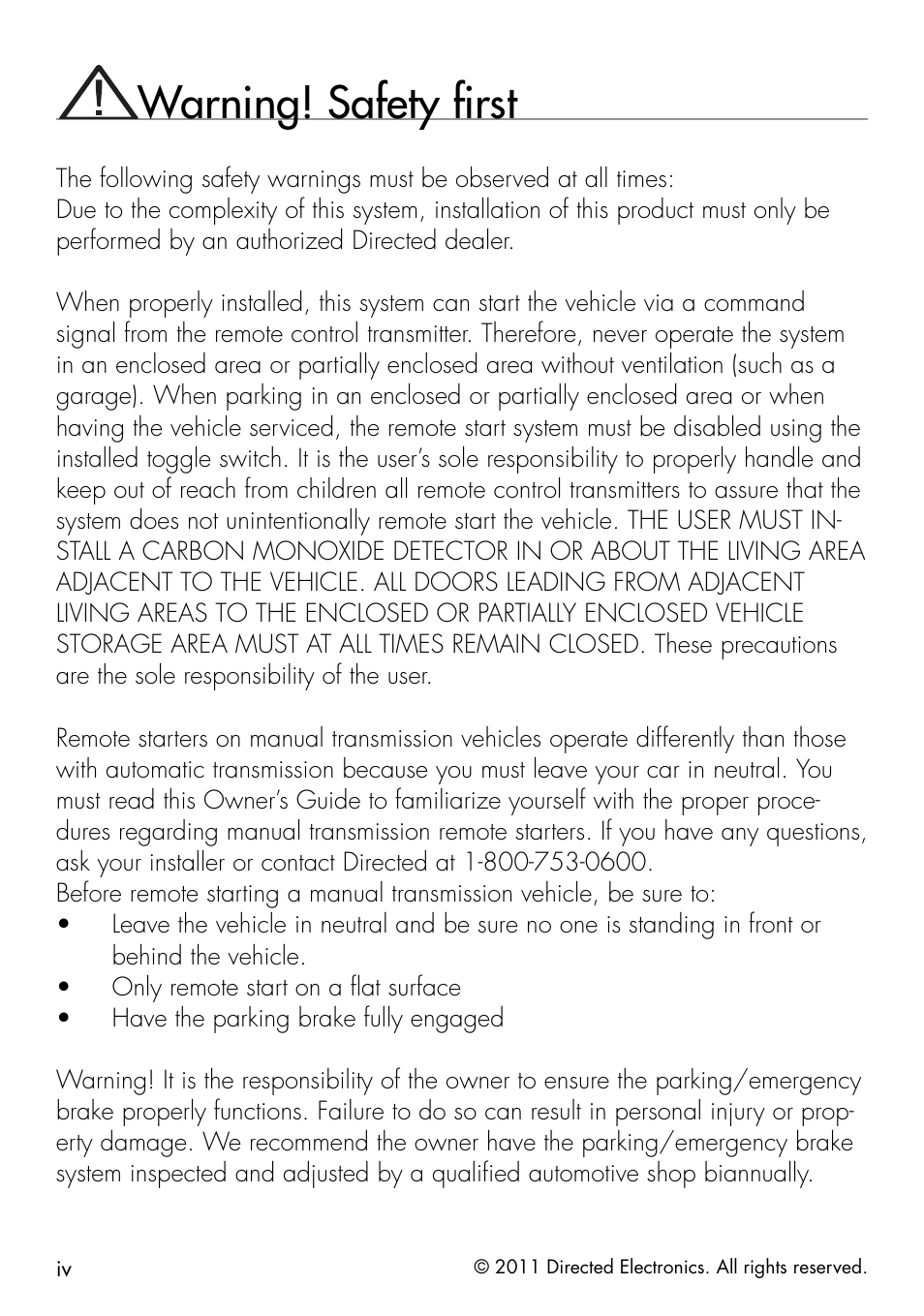 Warning! safety first | Directed Electronics 1401 User Manual | Page 6 / 44