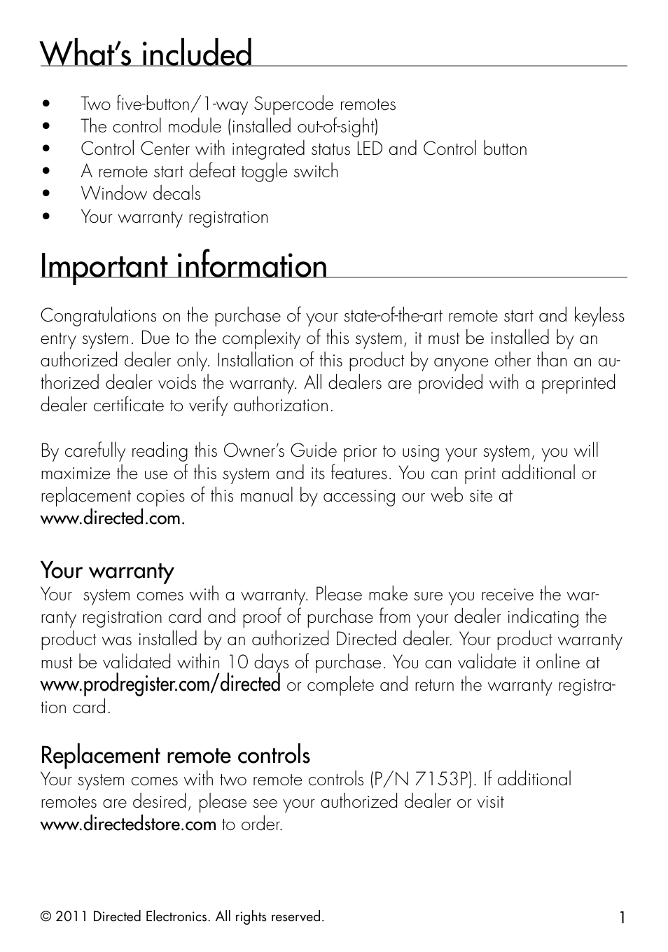What’s included, Important information, Your warranty | Replacement remote controls | Directed Electronics 1401 User Manual | Page 9 / 44