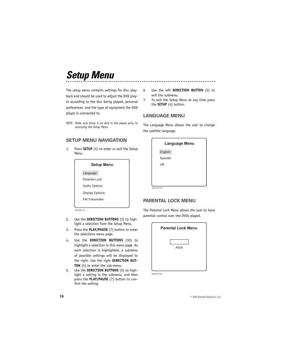 Setup menu | Directed Electronics DV2005 User Manual | Page 16 / 24