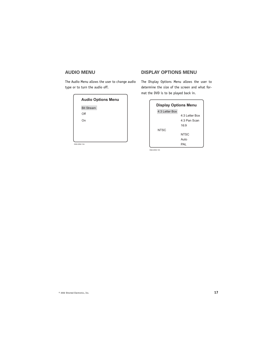 Audio menu, Display options menu | Directed Electronics DV2005 User Manual | Page 17 / 24