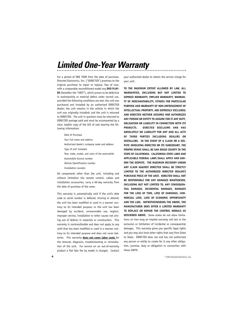 Limited one-year warranty | Directed Electronics DV2005 User Manual | Page 4 / 24