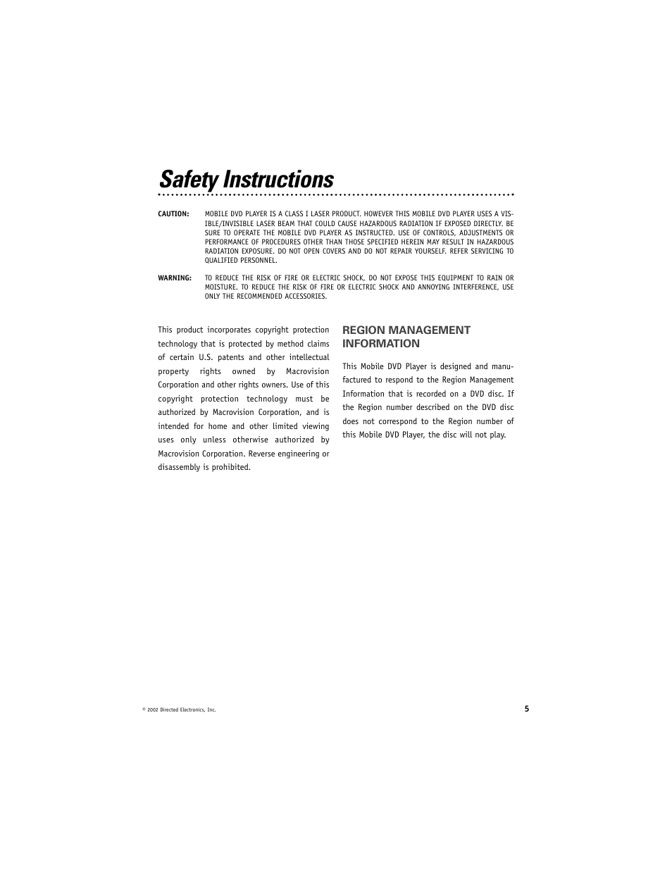 Safety instructions | Directed Electronics DV2005 User Manual | Page 5 / 24