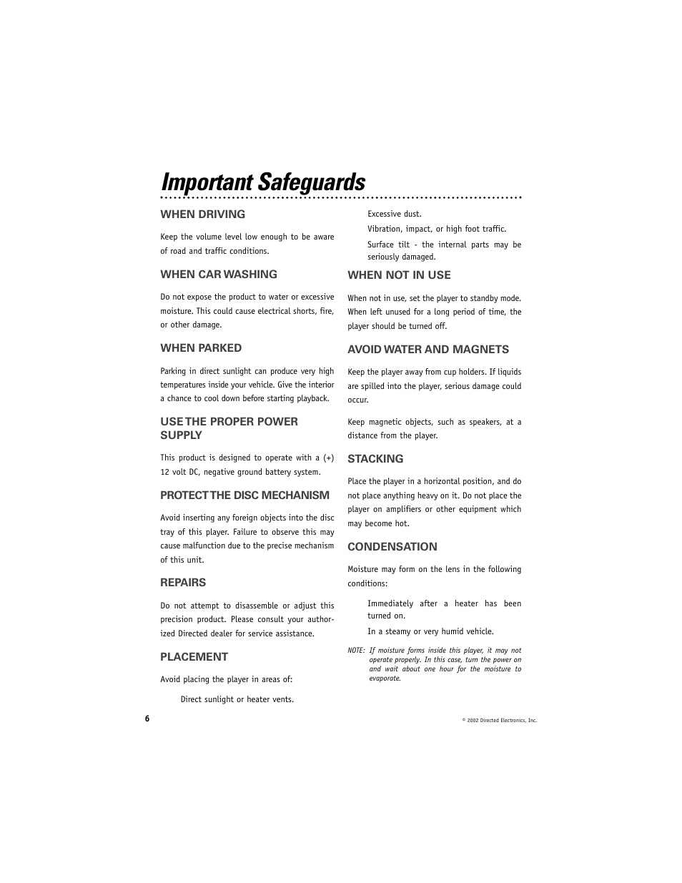 Important safeguards | Directed Electronics DV2005 User Manual | Page 6 / 24