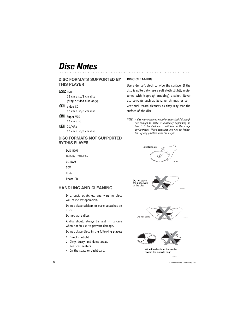 Disc formats supported by this player, Disc formats not supported by this player, Handling and cleaning | Directed Electronics DV2005 User Manual | Page 8 / 24