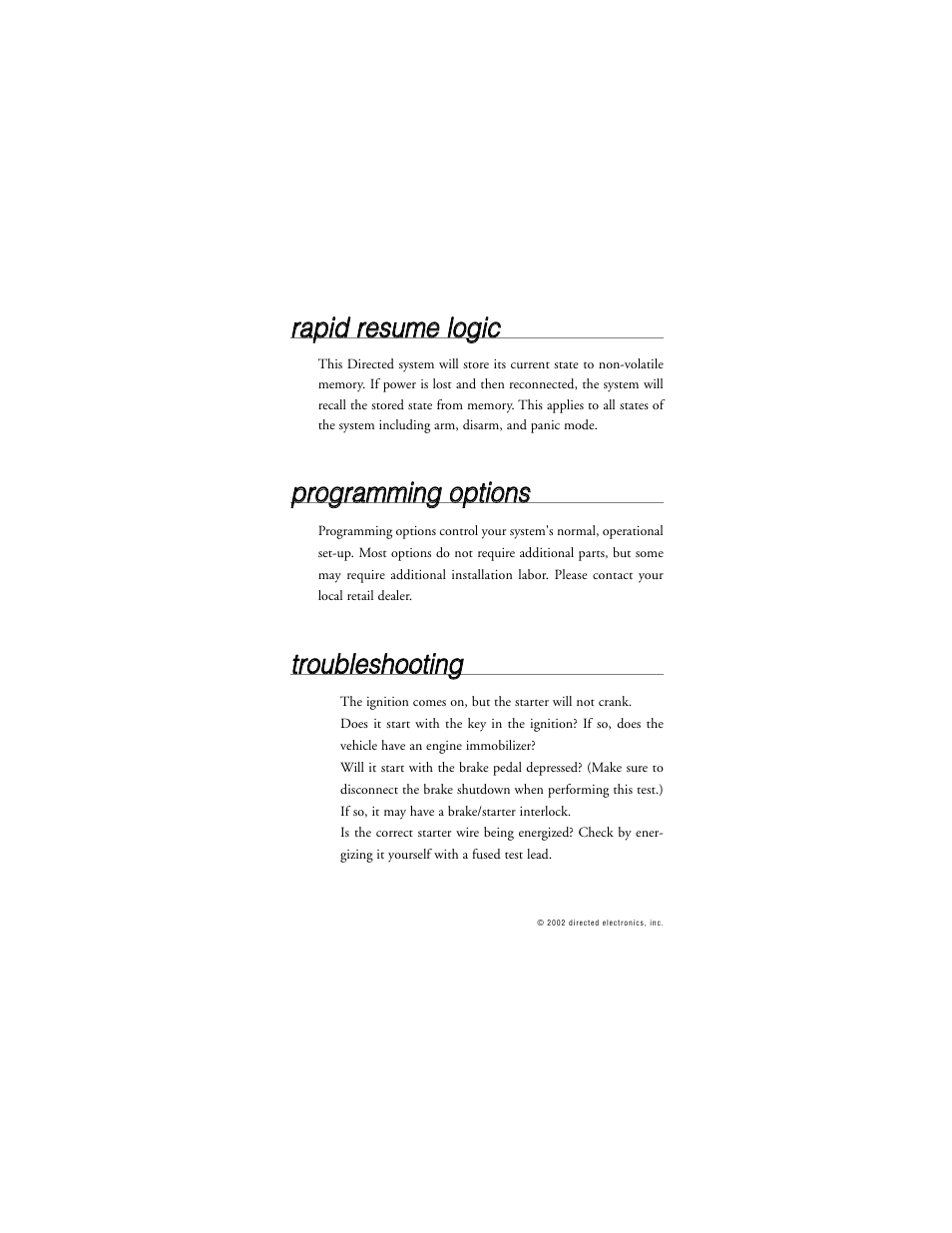 Rra ap piid d rre essu um me e llo og giic c, Pprro og grra am mm miin ng g o op pttiio on nss, Ttrro ou ub blle essh ho oo ottiin ng g | Directed Electronics 259D User Manual | Page 39 / 49