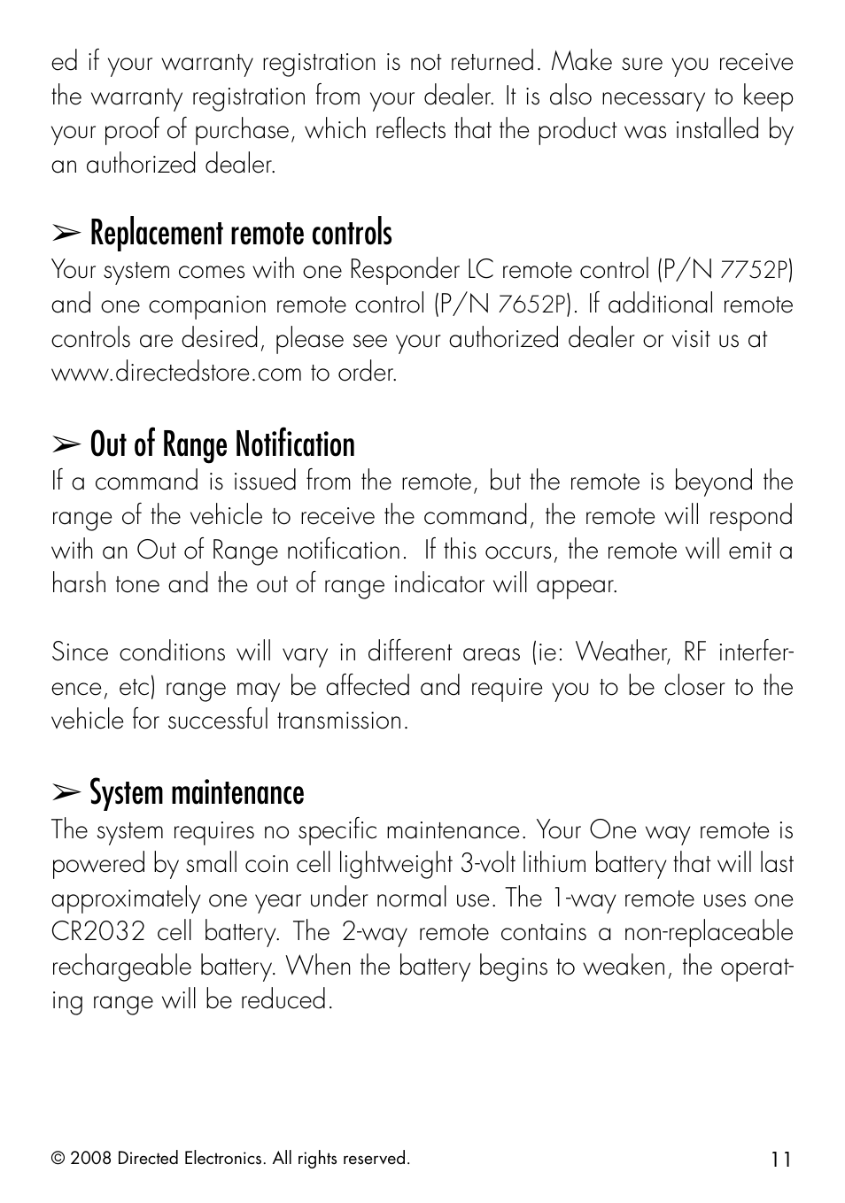 Replacement remote controls, Out of range notification, System maintenance | Directed Electronics 991 User Manual | Page 11 / 60