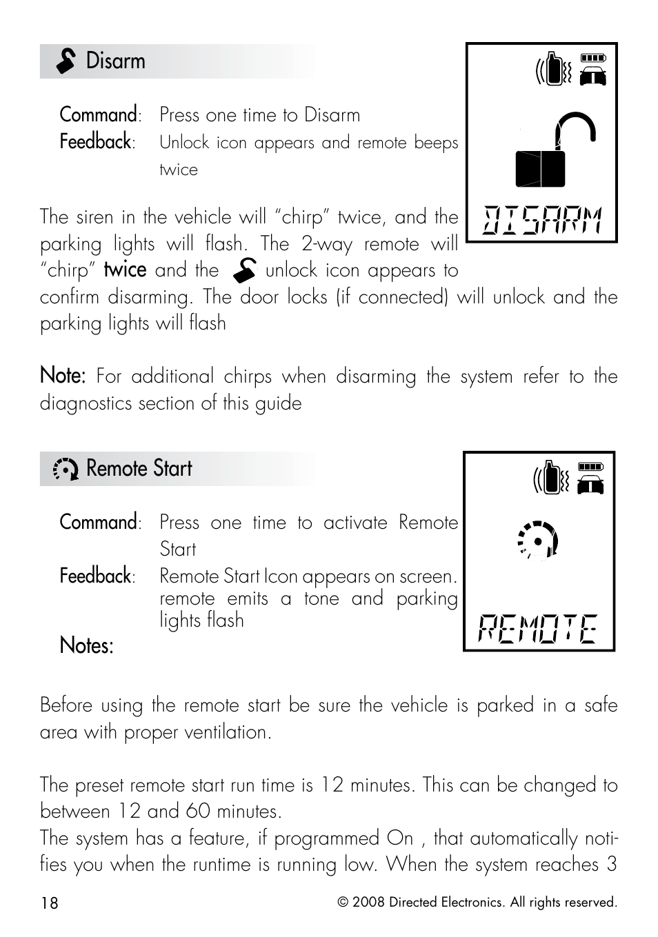 Disarm, Twice, Remote start | Directed Electronics 991 User Manual | Page 18 / 60