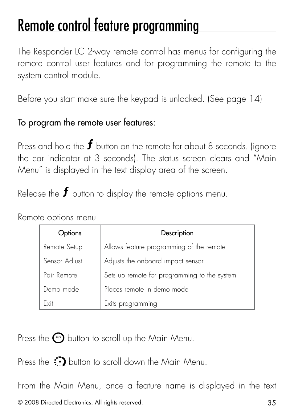 Remote control feature programming, Press the, Button to scroll up the main menu. press the | Directed Electronics 991 User Manual | Page 35 / 60