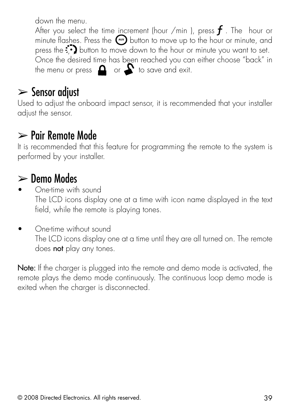 Sensor adjust, Pair remote mode, Demo modes | Directed Electronics 991 User Manual | Page 39 / 60